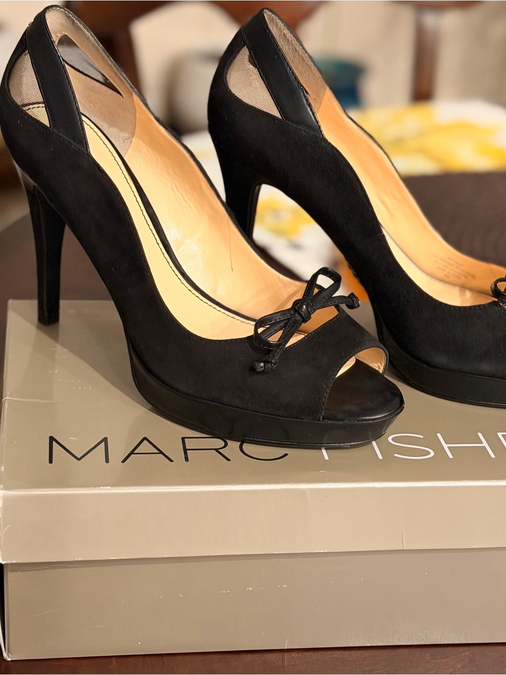 Marc Fisher Black Suede Peep-Toe Pumps with Bow Accent